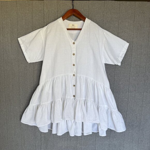 Country Textile White 100% Linen Short Boxy Sleeve Tiered Dress Size S-M-L-XL - Picture 1 of 12